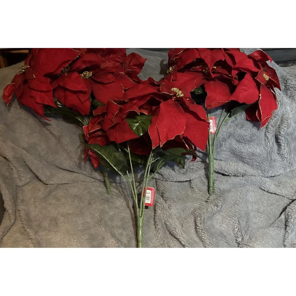 ASHLAND Red Gold Poinsettias Lot Of 3 Bunches Artificial Flowers Floral Crafts